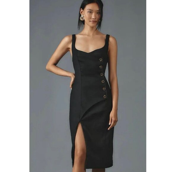 Anthropologie Sleeveless Square Neck Len Button Wrap Midi Dress Black Small - Picture 1 of 10